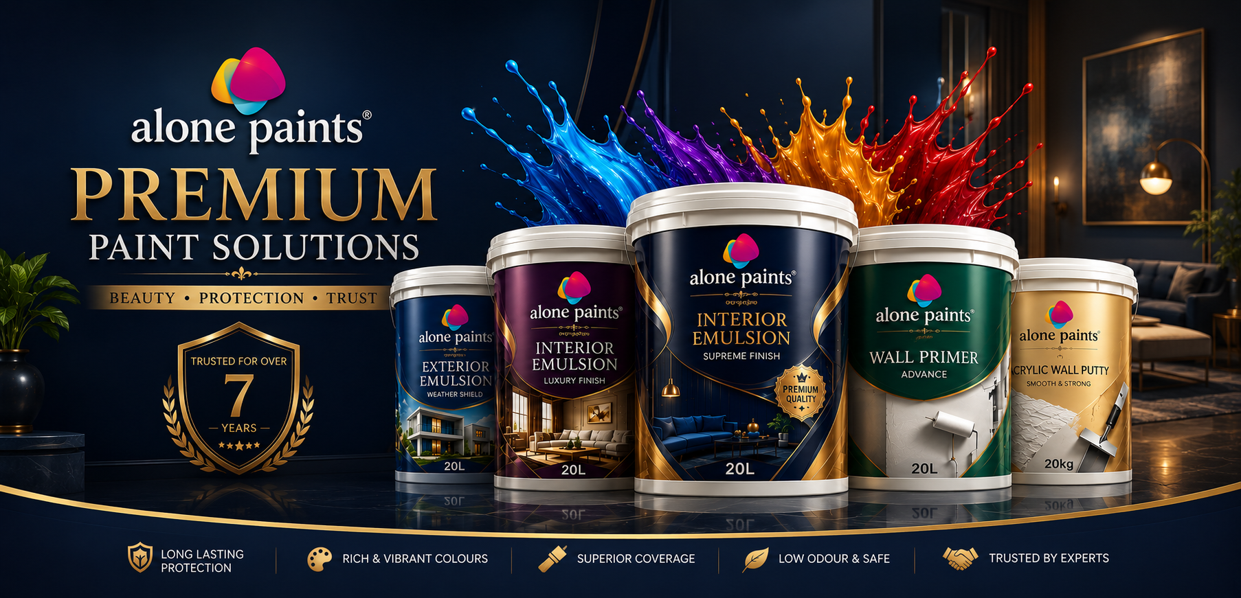 Alone Paints premium paint solutions with exterior emulsion, interior emulsion, wall primer, and acrylic wall putty